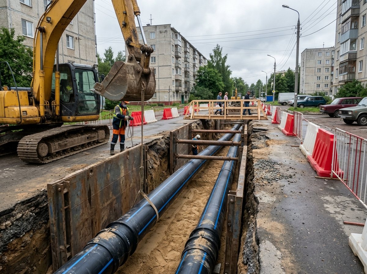 Прокладка наружного водопровода: траншея, полиэтиленовые трубы, экскаватор